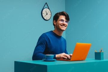 Smiling Young Man Working On Orange Laptop in a Teal Monochromatic Room