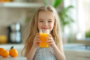 Sweet Baby Girl Sipping Orange Juice from a Glass as Staring at Camera on a Warm Day in Kitchen, Generative AI.