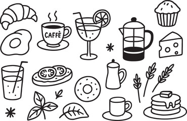 Breakfast & Brunch Doodle Icon Set 🥐☕: Cute hand-drawn clip art of coffee, pancakes, croissants, and more. Ideal for cafe menus, blogs, and stickers.