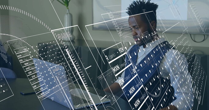 Man wearing white shirt and vest analyzing holographic currency data in office, copy space - Powered by Adobe