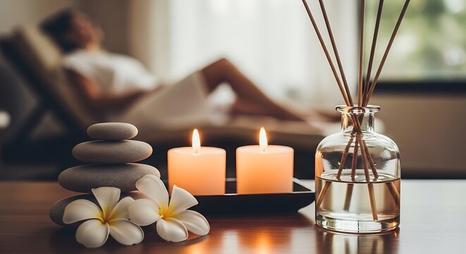 Stacked spa stones lit candles white flowers and diffuser with person relaxing relaxation