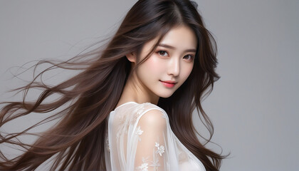 Beauty portrait of a beautiful young woman with long hair blowing in the wind and glowing skin. Beautiful hair, beauty image, natural.風になびく長い髪と輝く肌を持つ美しい若い女性の美容ポートレート。美しい髪、美容イメージ、ナチュラル。