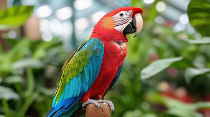 Fototapeta premium vibrant macaw perched on wooden stand inside lush greenhouse surrounded by greenery