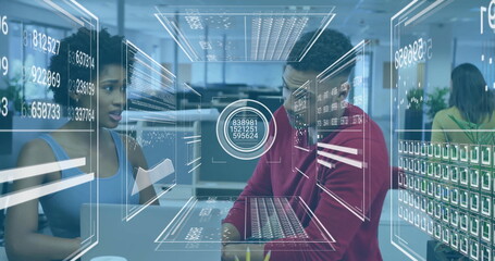 Studying AR overlays, man in red sweater, in open-plan office with coffee mug, copy space