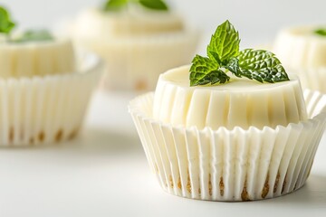 Delicious Tiramisu or Tiny Desserts in Twisted Cupcake Wrappers with Minty Garnish on Top, Generative AI.