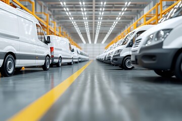 White Delivery Vans Parked in a Row Inside an Automobile Dealership for Auction, Generative AI.