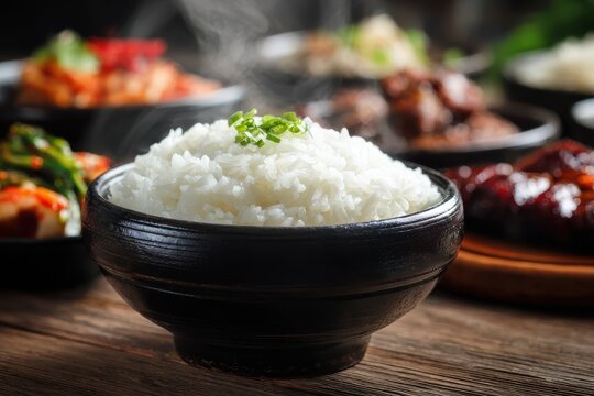 Freshly steamed rice served in a black bowl with green onions, surrounded by an array of colorful dishes during dinner time