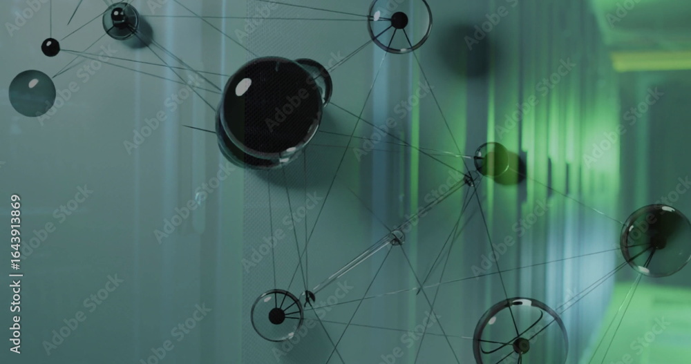 Poster displaying digital network overlay hovering in server room, with glossy spheres and green leds