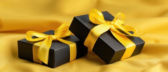 The elegant black and yellow gift boxes arranged on a luxurious fabric background.