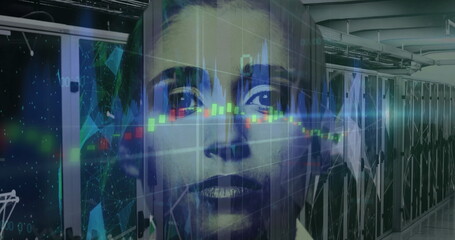 Translucent woman's face merging with server racks in data center aisle, with candlestick charts