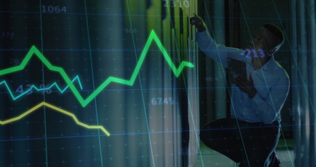 Kneeling IT tech examining rack in server room aisle, holding tablet with data overlay, copy space