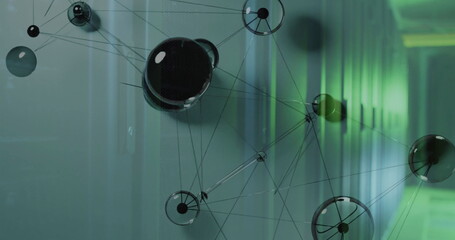 Displaying digital network overlay hovering in server room, with glossy spheres and green LEDs