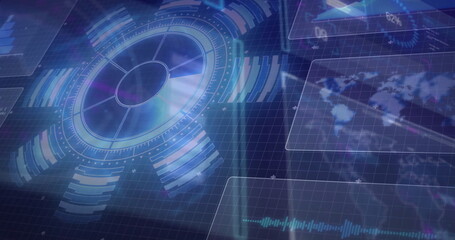 Holographic interface hovering over neon blue grid plane, with circular gauge chart