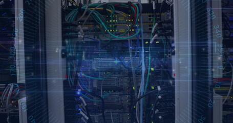 Displaying central server rack humming in data center, with multicolored cables and glowing LEDs