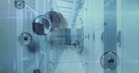 Showing server racks under cable trays in data center, with network nodes and connecting lines