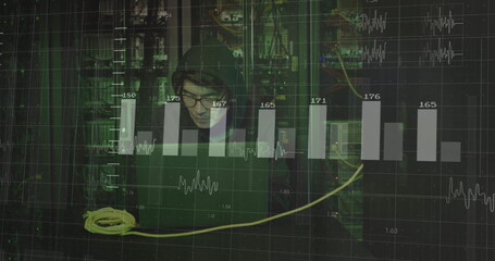 Monitoring data center systems, hooded Korean typing on laptop, with yellow cable and server racks