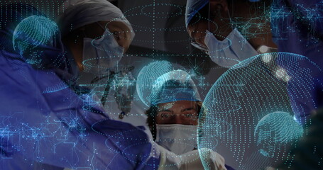 Performing surgery, three surgeons holding surgical tools in operating room, with digital overlays