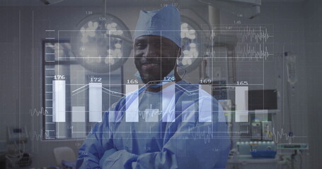 Standing African American surgeon wearing blue scrubs and cap in operating room, with data charts