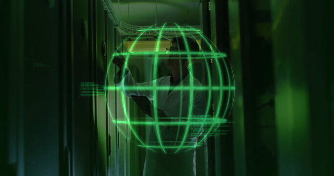 Korean IT technician inspecting holographic globe in data center corridor with tablet, server racks