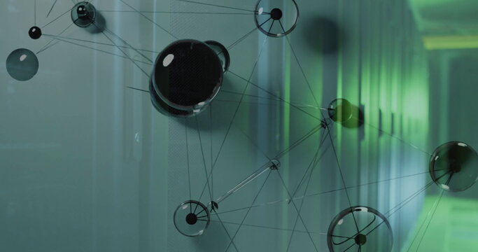 Displaying digital network overlay hovering in server room, with glossy spheres and green LEDs - Powered by Adobe