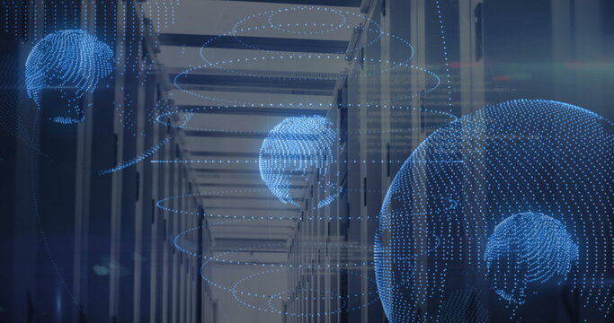 Floating holographic brain-shaped sphere in LED-lit data center corridor with racks, copy space