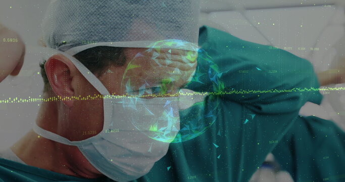Surgeon wearing scrubs and mask securing headgear in OR, with holographic globe and waveforms - Powered by Adobe