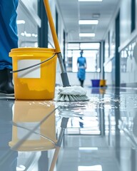 Cleansing the Lobby Surface using Mops and Pail by a Staff Wearing Uniform, Generative AI.