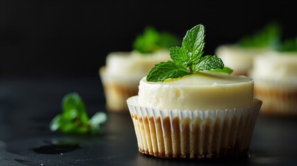 Delicious Tiramisu or Tiny Desserts in Twisted Cupcake Wrappers with Minty Garnish on Top, Generative AI.