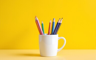 Office cup with pencils and stationery against yellow background. High quality