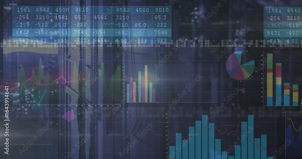 Poster displaying line graphs and bar charts overlaying racks in server room, with network cables and leds