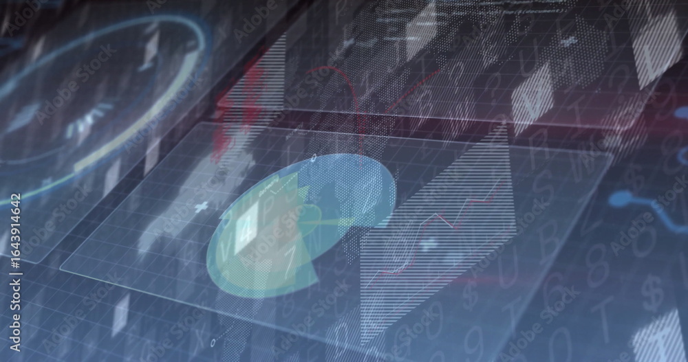 Poster displaying holographic interface panel in analytics dashboard, with pie chart segments, line graph
