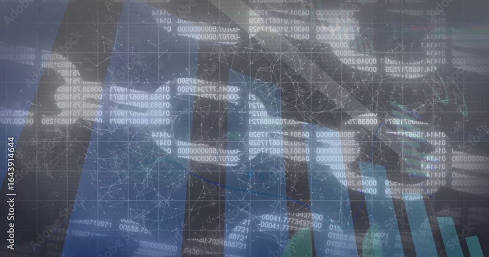 Fototapete displaying 3d rising arrow graph with colorful bar chart in dashboard, with network grid, data flow