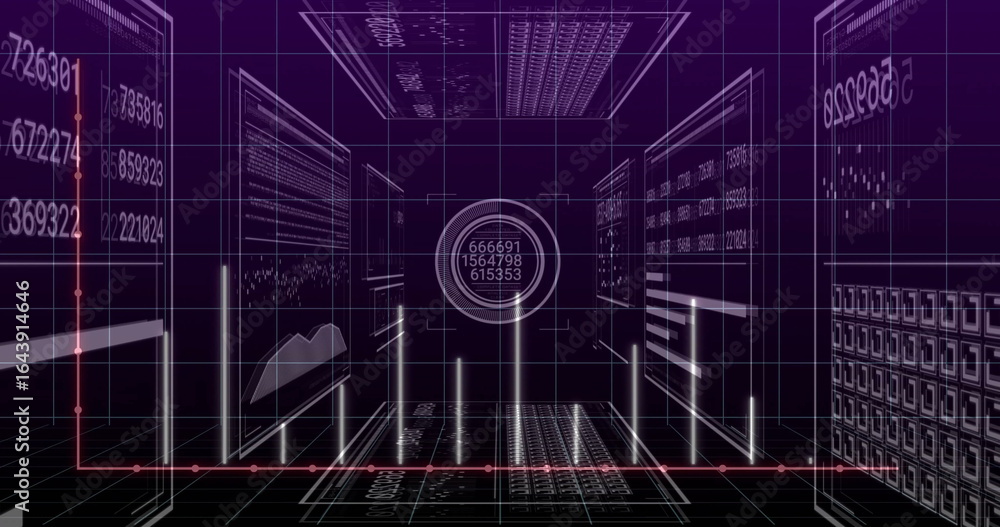 Poster central display projecting three stacked numbers in command room, with panels and red line graph
