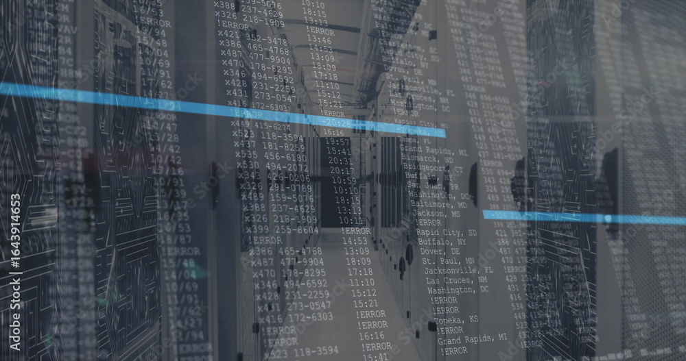 Poster displaying server racks reflecting floor in datacenter hall, floating code overlay with led lights