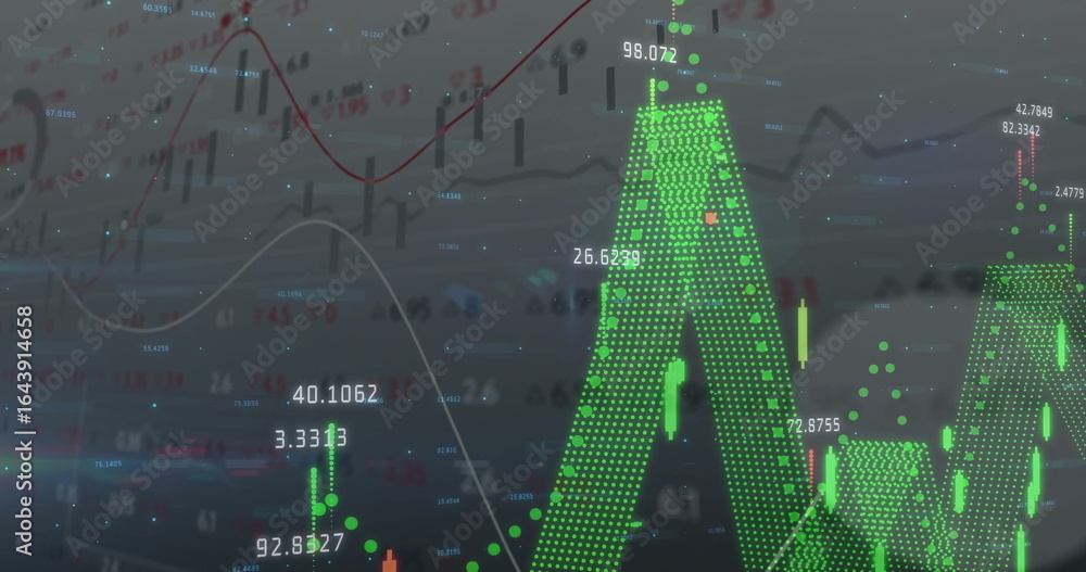 Aufkleber showing green dot matrix line graph rising on dashboard, with candlestick bars, numeric overlays