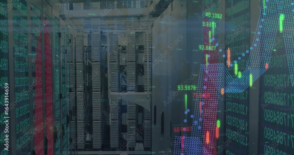Aufkleber displaying server rack cabinets hosting scrolling code and stock charts in server room