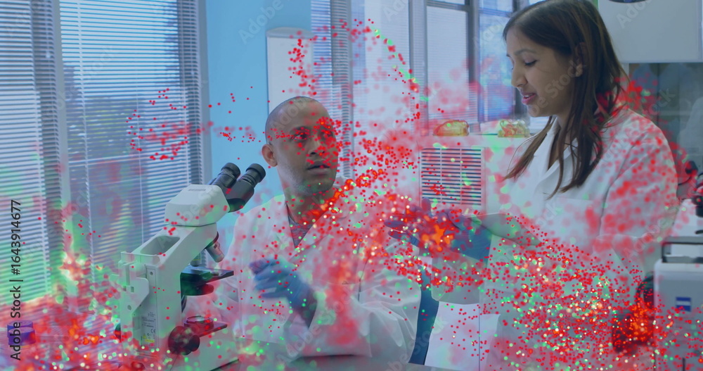 Aufkleber two scientists examining samples under microscope in lab, wearing labcoats with digital overlay