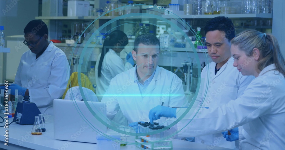 Poster conducting experiments five scientists in lab coats and gloves at lab bench, with test tubes