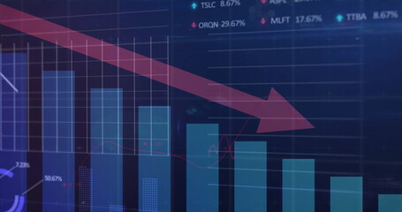 Displaying red arrow slanting downward over blue bars on trading interface, with ticker symbols