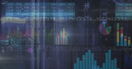 Displaying line graphs and bar charts overlaying racks in server room, with network cables and LEDs