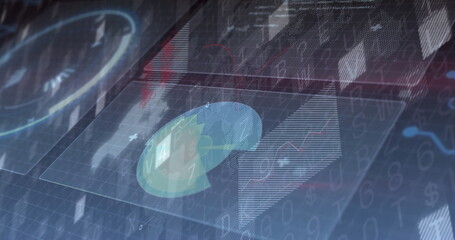 Displaying holographic interface panel in analytics dashboard, with pie chart segments, line graph