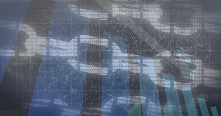 Displaying 3D rising arrow graph with colorful bar chart in dashboard, with network grid, data flow