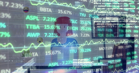 Female analyst studying stock market charts in home office, with laptop, succulent and emojis