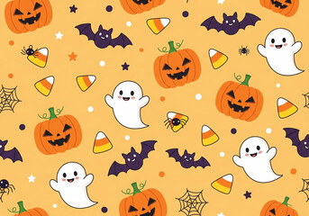 Fototapeta premium A cute seamless Halloween pattern with cartoon pumpkins, ghosts, bats, and candy.