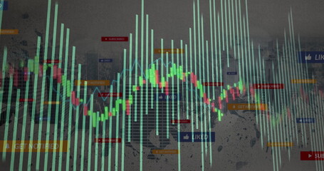 Displaying neon candlestick chart over city skyline, with light-blue gridlines and notifications