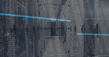 Displaying server racks reflecting floor in datacenter hall, floating code overlay with LED lights