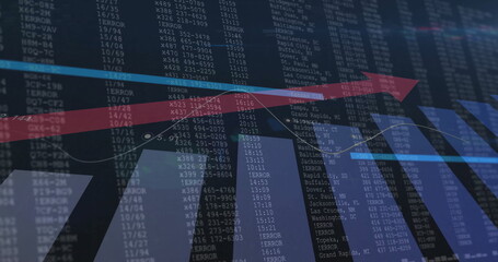 Displaying data dashboard on screen, featuring red and blue arrows, line graph and numeric columns