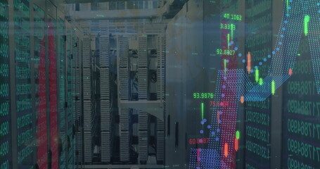 Displaying server rack cabinets hosting scrolling code and stock charts in server room