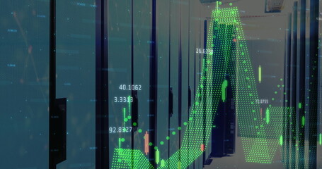 Showing narrow data center corridor with black server cabinets, with green digital chart overlay