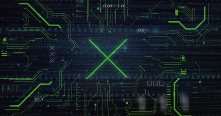 Displaying central glowing green 'X' on dark matrix interface, showing neon circuit pathways